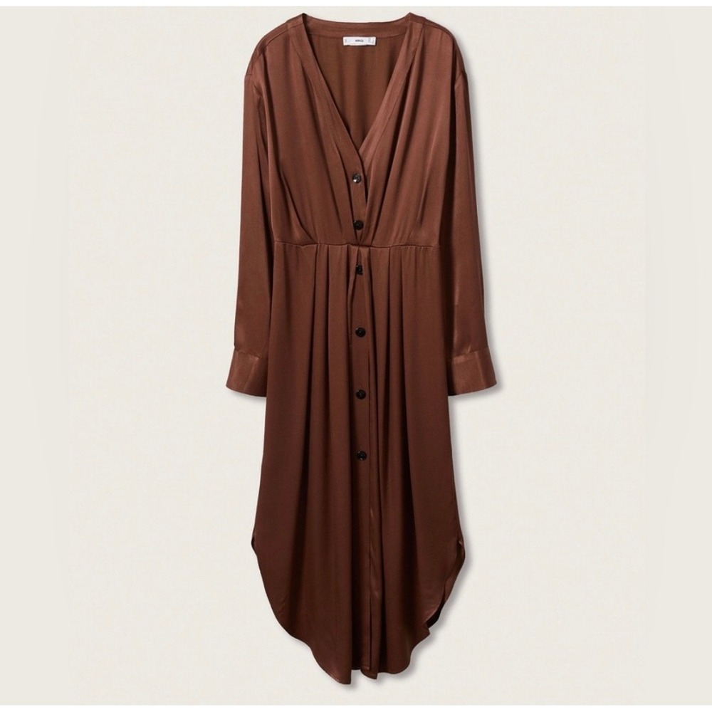 MNG Brown Satin Long Sleeve Button Front Midi Shirt Dress Size S - Picture 2 of 11